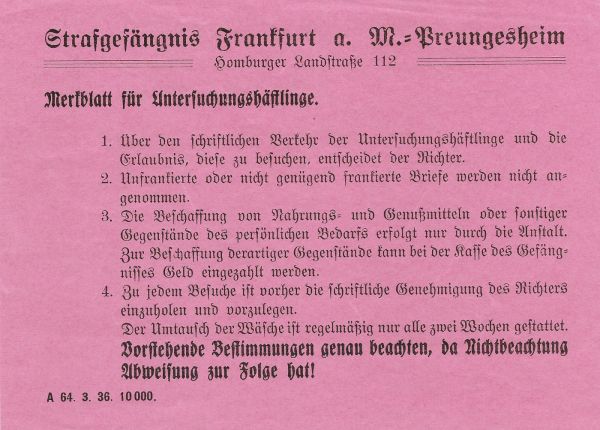 Besuchserlaubnis für Wilhelmine Kaltwasser und ihre Tochter Doris (Dora) beim Ehemann und Vater Adam Kaltwasser