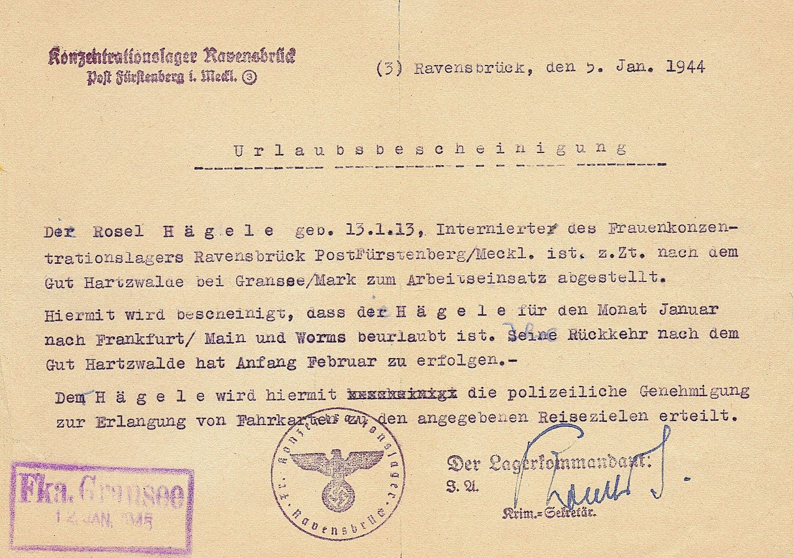 Beurlaubung aus dem KZ im Januar 1945