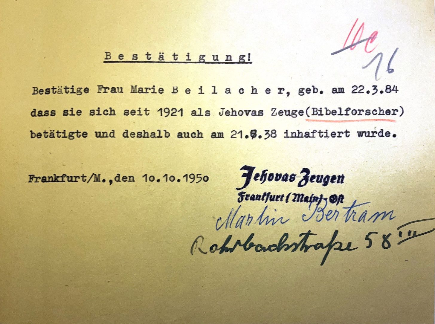  Bestätigung dass Marie Beilacher seit 1921 Zeugin Jehovas und deshalb inhaftiert war, ausgestellt von Martin Bertram am 10. Oktober 1950;  Quelle HHStAW, Best. 518 Nr. 4193