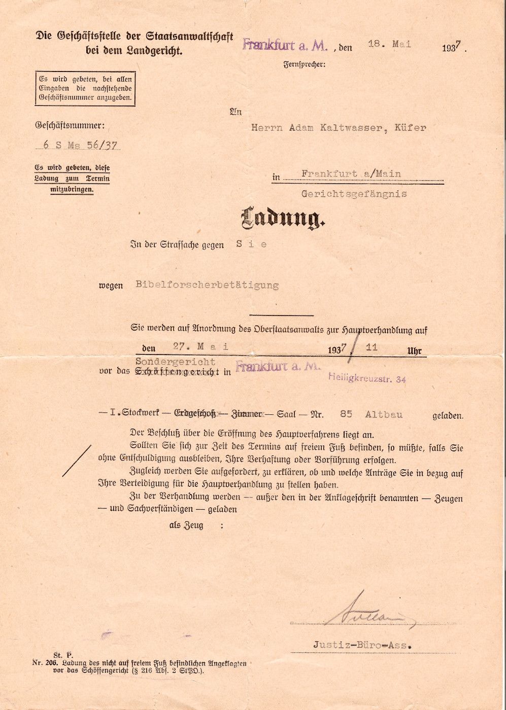 Ladung zum Sondergericht Frankfurt vom 18.05.1937